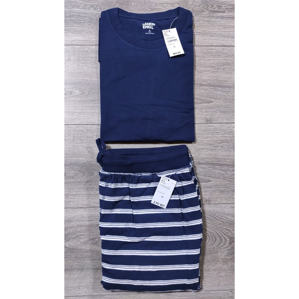 Lands End Pajama Set Adult Size Medium Blue Striped Lounge Pant Shirt Men